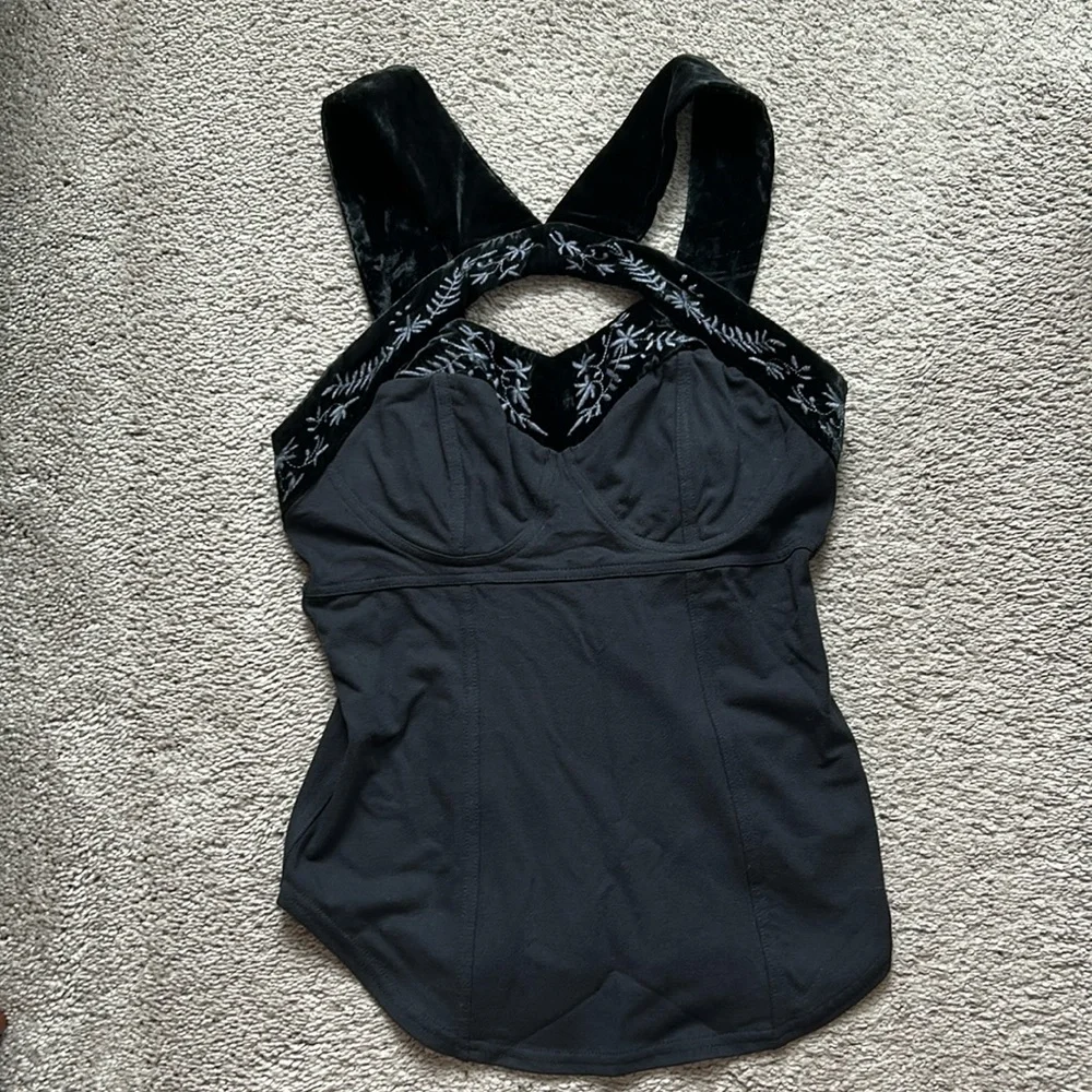 Black corset like top with velvet embroidered straps - Picture 2 of 9